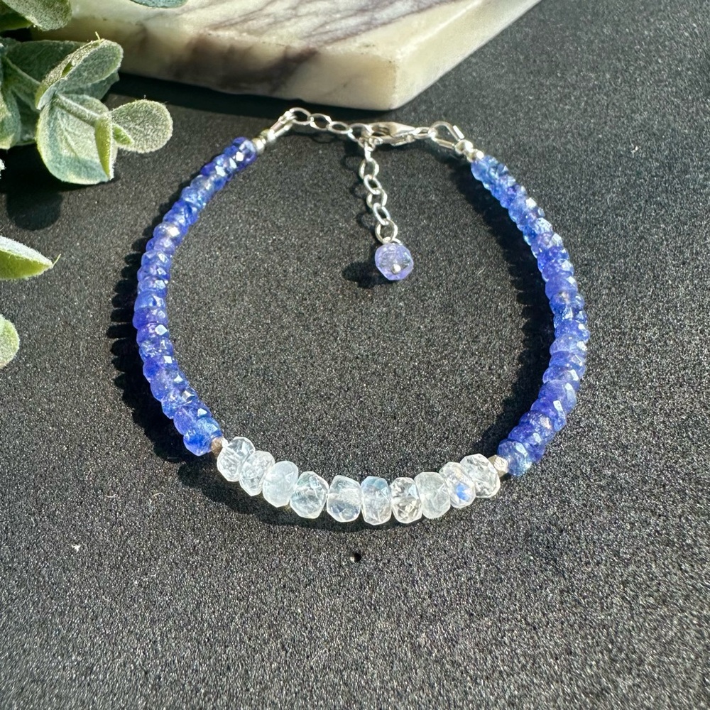 Rainbow Moonstone and Tanzanite Beaded Bracelet Sterling Silver